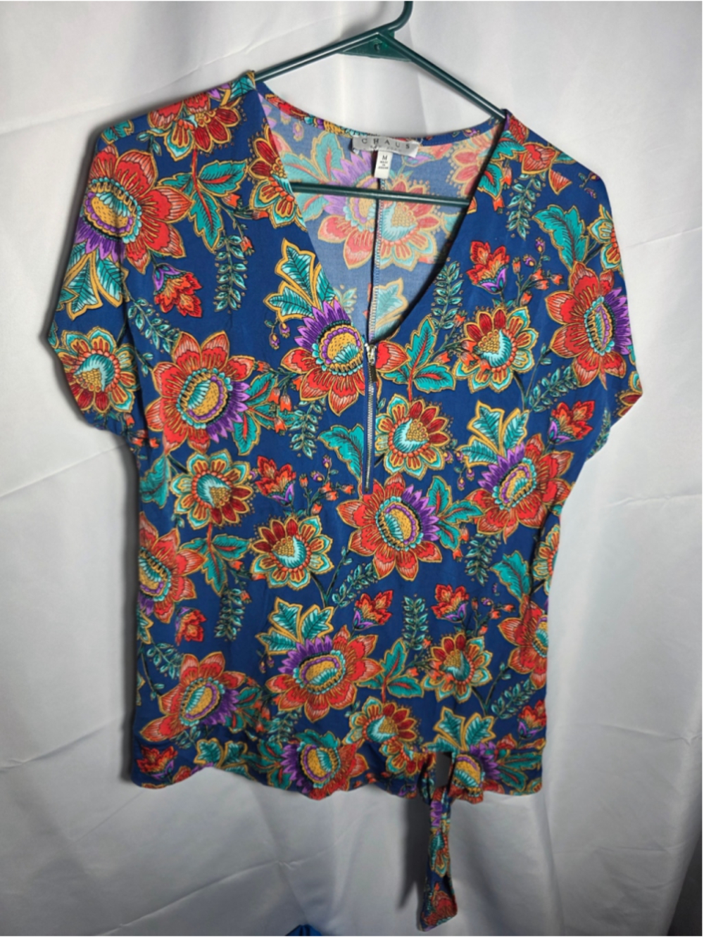 Women's Chaus Floral Short Sleeve Zip-Front Tee, Blue/Orange, Size M paisley